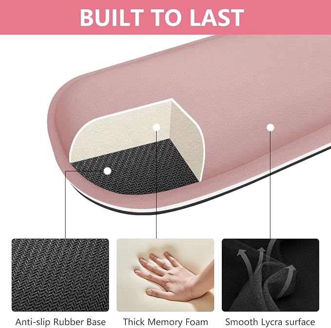 Wrist Rest for Computer Keyboard and Mouse, Ergonomic Design Wrist Support Pad for Keyboard, Soft Memory Foam Desk Pads Support Hand and Arm Easy Typing Pain Relief, 2 Piece Pad, Pink