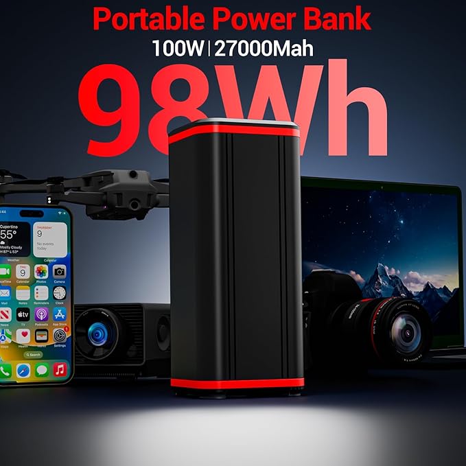 Portable Laptop station for 27000mAh 98Wh, Power Bank with AC Outlet 65W PD Fast Charging External Battery Pack, Mini Portable Power Station for MacBook Pro Dell HP Travel Camping Airline Approved