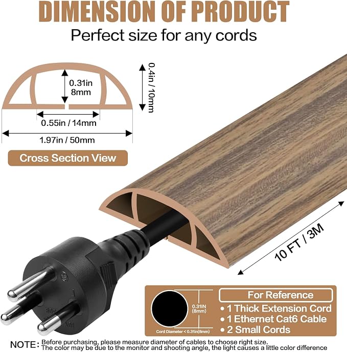 Floor Cord Cover Self Adhesive Cord Hider,10FT Cable Management, Extension Strip Protector for Wires, Prevent Cable Trips for Offices, Gyms, Exhibitions Cavity:0.47"(W) x0.35(H) Woodsmokedbrown - Image 2