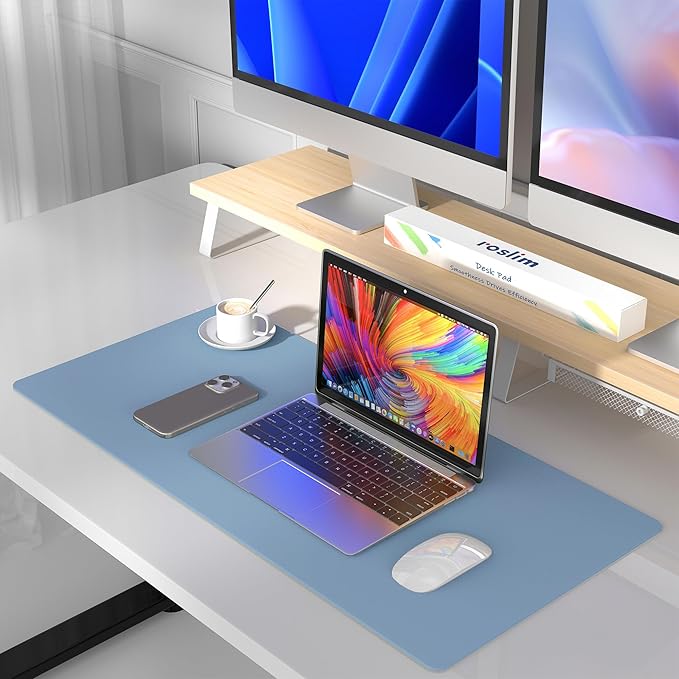Desk Pad Protector Mouse Pad, Non-Slip Computer Mat, PU Leather Office Desk Mat, Waterproof Desk Pad for Keyboard and Mouse, Laptop Desk Blotter Pad for Home and Office, Denim Blue (17''X36'')
