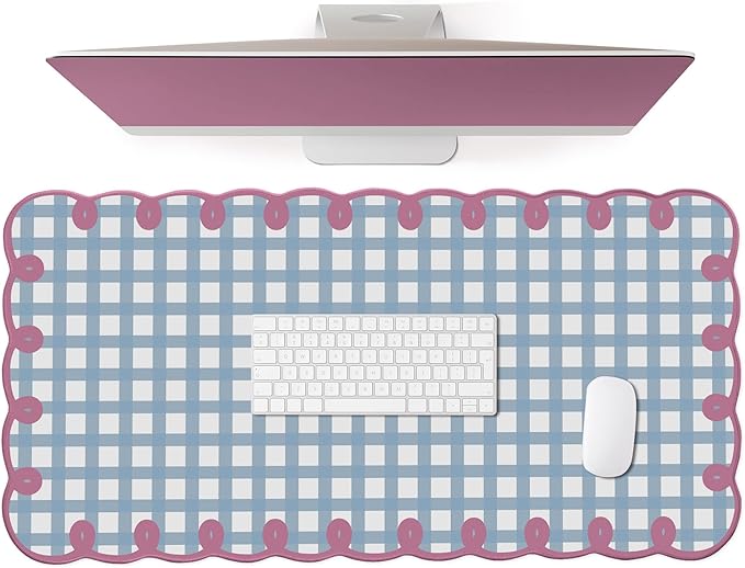 Cute Pink Blue Scalloped Desk Mat Pastel Checkered Large Mouse Pad Kawaii Aesthetic Retro Vintage Cottagecore Office Girl Desk Decor Stitched Pad for Computer Keyboard & Mouse 31 * 15.7in