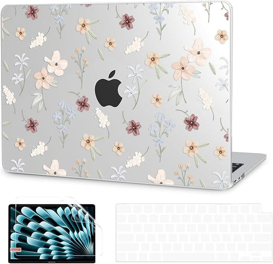 G JGOO Compatible with MacBook Air 13 inch Case 2026 2025-2022 M5 A3449 M4 A3240 M3 A3113 M2 A2681, Clear Plastic Hard Shell for MacBook Air 13.6 inch Case + Keyboard Cover +Screen Protector, Florets