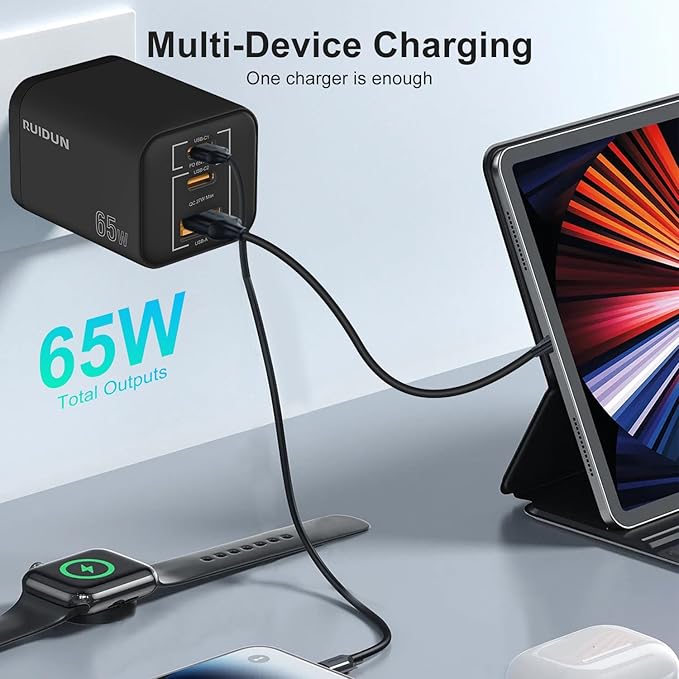 65W USB C Charger,PD3.0 GaN USB C Charger for Travel, Fast Charger for MacBook Pro/Air, iPad, Galaxy S24 Ultra, Dell XPS, iPhone 15 Pro and More (Foldable-Black)