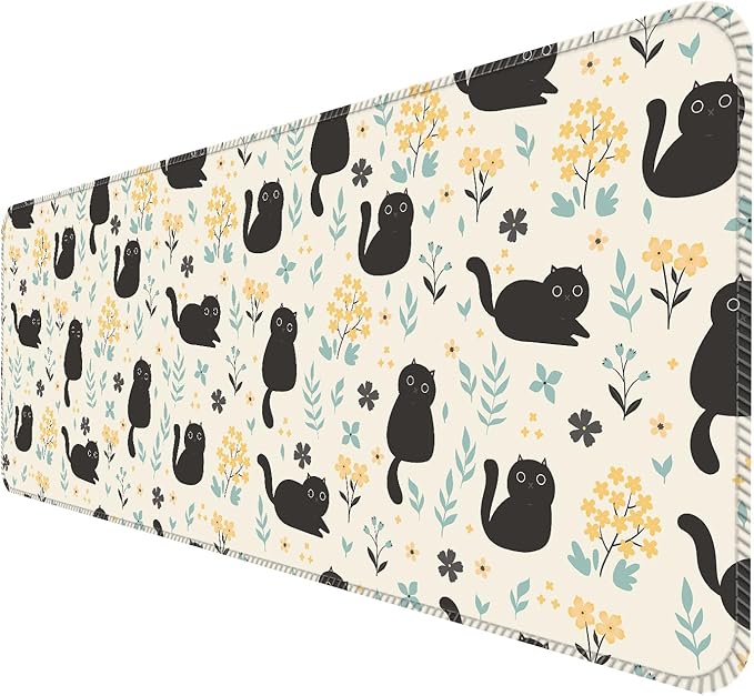 Desk Mat,Big Desk Pad,31.5 x 11.5in Extended Gaming Mouse Pad,Large Mouse Pad for Desk Rubber Base Mousepad with Stitched Edges,Keyboard Mouse Mat for Work Game Office Home - Cat in Flower