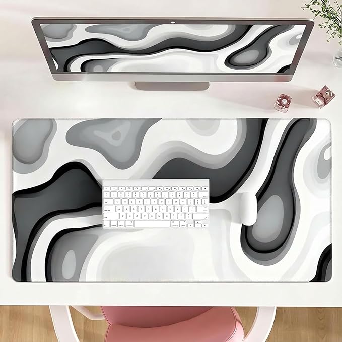 AQQA Large Gaming Mouse Pad 31.5x15.7 Inch, Abstract Desk Mat with Non-Slip Base & Stitched Edge, Gray Cute Keyboard Mat for PC Desktop, Office Home Decor, Modern Colorful Design