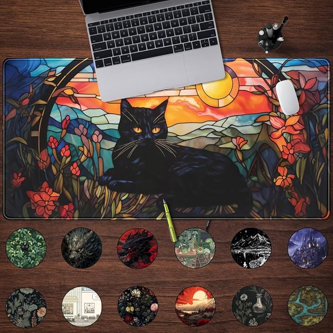 Black Cat Desk Mat Vintage Sunset XXL Large Mouse Pad Laptop Desk Mousepad with Stitched Edges, Keyboard Pad Mouse Mat for Work Game Office Desk Accessories 31.5x15.7 in