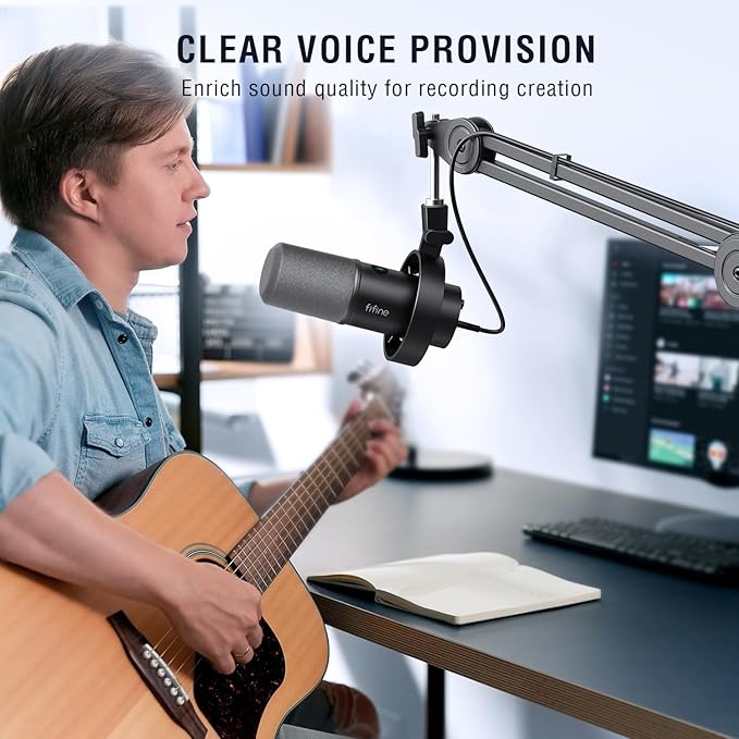 FIFINE Dynamic Podcast Microphone Set with Boom Arm Stand, Studio XLR/USB Microphone for Recording Vocal Streaming, Metal Mic with Mute Tap, Headphone Jack, Heavy Duty Boom Arm-K688T