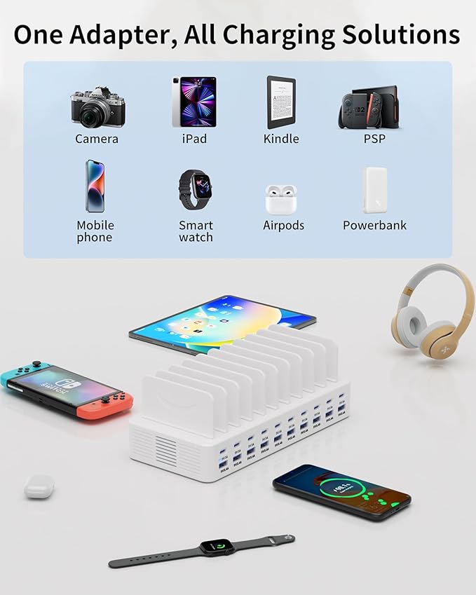270W Charging Station for Multiple Devices, 20-Port USB Fast Charging Station with Adjustable Dividers & 10 Cables, Multi Device Organizer Charging Dock for iPhone, iPad, Tablets & More(White)
