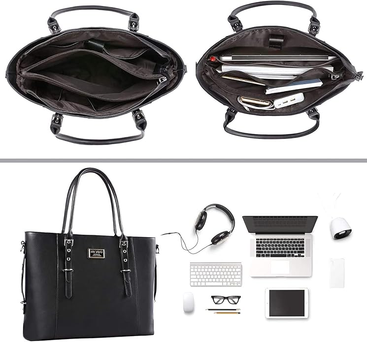 MOSISO Laptop Bag for Women, Waterproof Vintage PU Leather Briefcase Shoulder Computer Laptop Tote Bag for Office Work