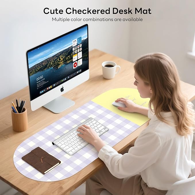 Checkered Pattern Desk Pad Protector, 35.5 x 13'' in Aesthetic Mouse Mat for Desktop, Waterproof PU Leathe Non-Slip Desk Writing Pad for Office and Home, Purple and Yellow