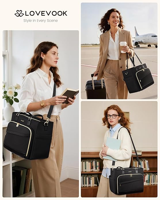 LOVEVOOK Teacher Tote Bag, Laptop Bag for Women with Large Cup Holder & Accordion File Area, Work Tote Bag for Business