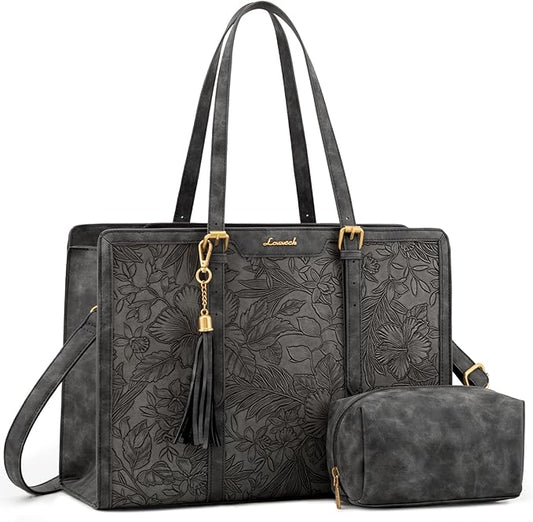 LOVEVOOK Laptop Bag for Women Vintage Leather Work Tote 15.6 inch Large Capacity Computer bag with Clutch Purse for Office, Travel, School, Casual