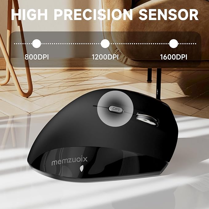 memzuoix Ergonomic Wireless Mouse, 2.4G Optical Cordless, 800/1200/1600 DPI, Vertical Computer Mouse for Laptop, Mac, PC, Desktop (Right Hand, Large) - Black