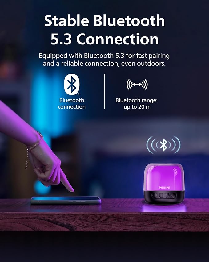 Philips S1108 Portable Bluetooth Speaker, 3W RMS, 9H Playtime, TWS Stereo Pairing, LED Light Effects, USB-C Charging – Compact Wireless Speaker for Home, Outdoor, Travel