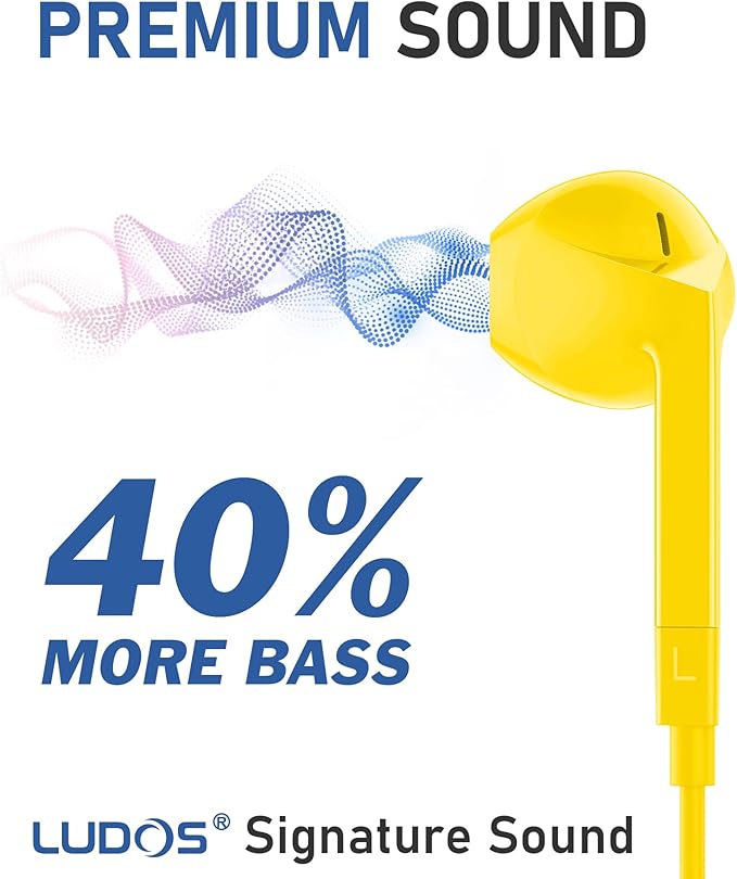 LUDOS FEROX Wired Earbuds in-Ear Headphones, 5 Year Warranty, Earphones with Microphone, Noise Isolation Corded for 3.5mm Jack Ear Buds for iPhone, Samsung, Laptop, Kids, School Students - Yellow