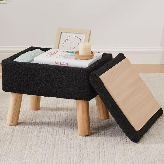 Storage Ottoman, Small Foot Stool Ottoman with Storage, Teddy Velvet Foot Rest with Wood Legs, Footstool for Living Room, Bedroom, Entryway, Black