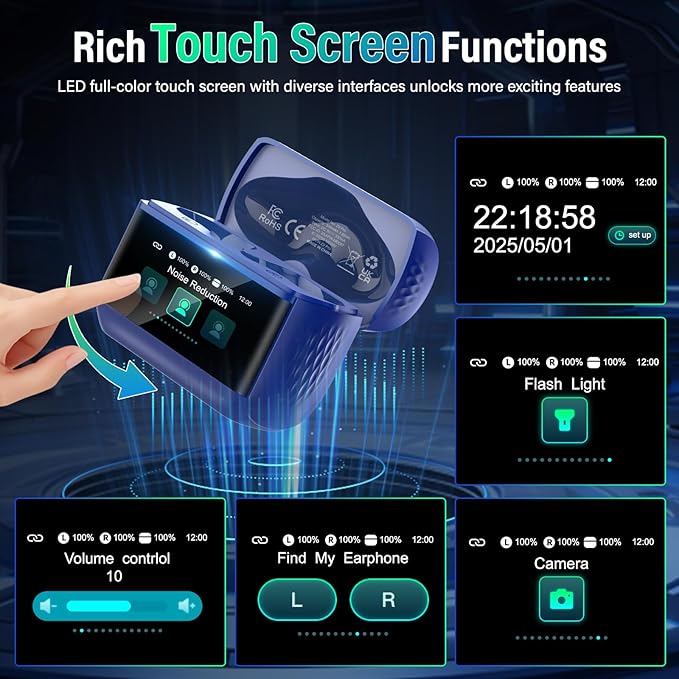 Wireless Earbuds with Touch Screen, Bluetooth 5.4 Headphones, Transparency Mode, IPX7 Earphones Dark Blue