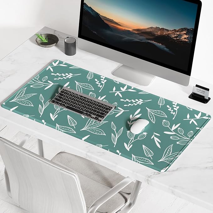 BOSOBO XXL Extended Gaming Desk Mat - Desktop Full Cover 35.5 x 15.7 Inches, Minimalist Green Flowers