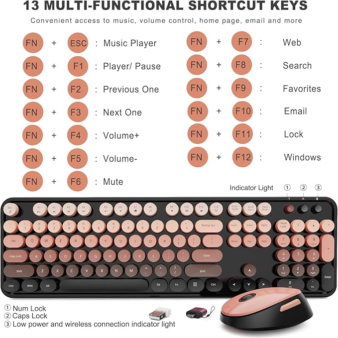 Wireless Keyboard and Mouse Combo, Ergonomic Full Size Typewriter Retro Round Keycaps Keyboard, Compatible with Windows, PC, Perfer for Home and Office Keyboards (Aurora Red)