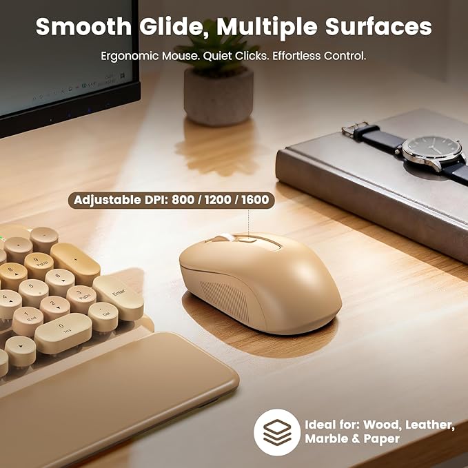 Wireless Keyboard and Mouse Combo, Cute Retro Typewriter Keyboard with Round Keycaps, Full-Size Aesthetic Keyboard with Magnetic Wrist Rest, 2.4GHz USB for Windows/Mac Desktop Laptop (Latte Gradient)