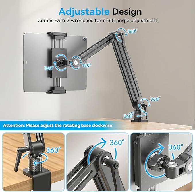 Adjustable Portable Monitor Stand 15.6" - 360° Rotating Base Tall Tablet Desk Arm Holder Stand for iPad Air/Pro/Mini Swivel Flexible Bed Clamp Mount Soporte para Tablet/Monitor Portatil/Ereader