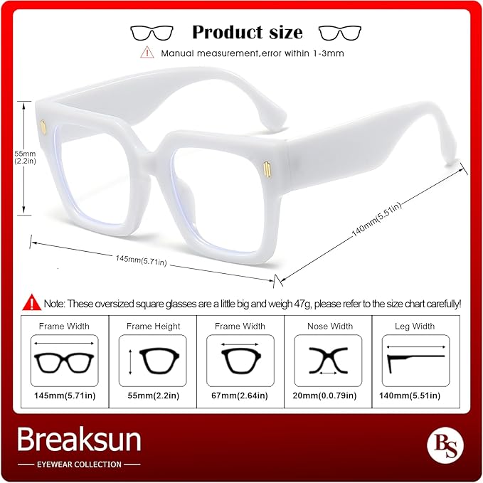 Breaksun Fashion Oversized Blue Light Blocking Glasses for Women Men Trendy Big Square Frame Computer Eyeglasses