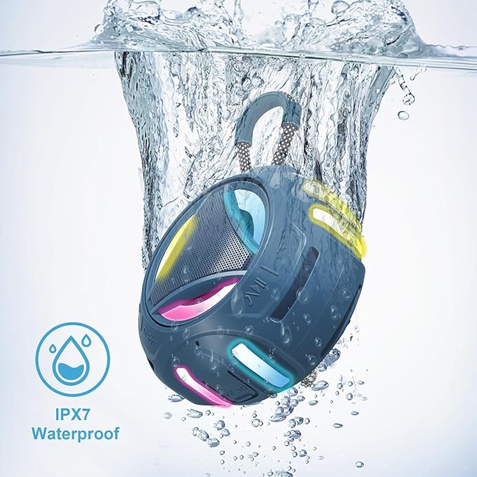 Portable Bluetooth Speaker, IPX7 Waterproof Shower Speaker, Wireless Outdoor Speakers, Floating, Built-in Mic, 24H Playtime with LED Lights, Loud HD Sound, Powerful Bass, Gifts for Unisex - Blue