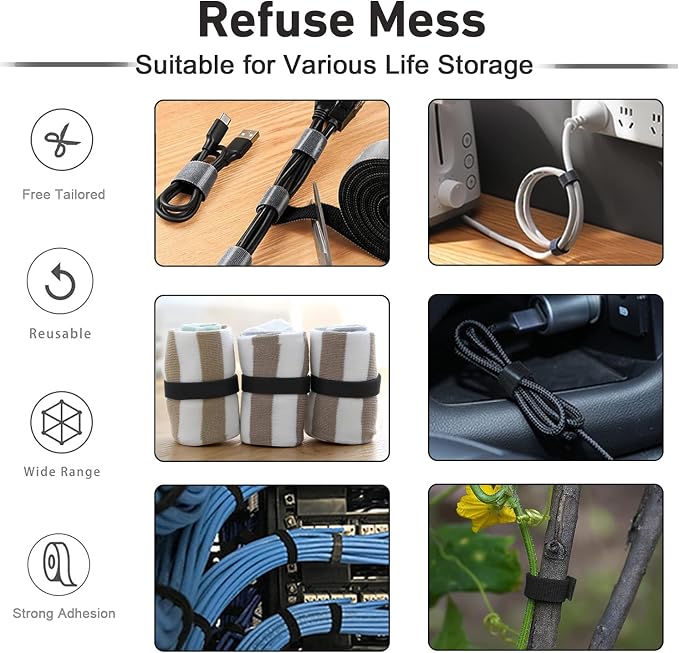 100ft x1/2 in Hook and Loop Roll, Hitotsu Reusable Fastening Tape Cable Ties, Self-Gripping Multi-Purpose Wrap Fasteners for Cord Manage,Home, Office, Electrical Cords, Data Center, Black - Image 3