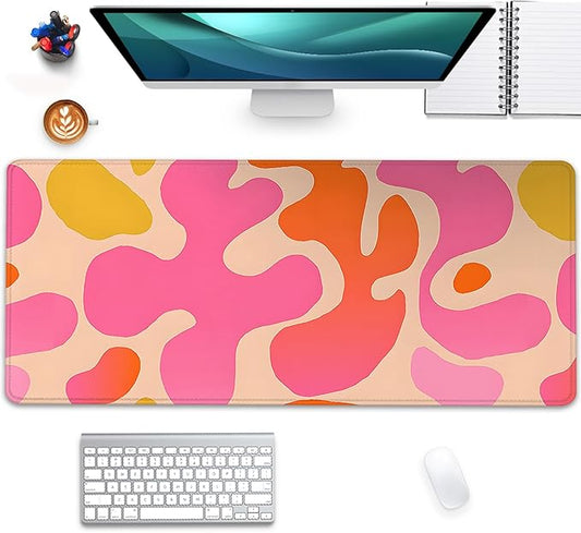 Pink Abstract Desk Mat Mouse Pad,Mouse Mad XL Cute Desk Pad Keyboard Mat,Desk Accessories for Women Office Decor, Extended Mousepad Non-Slip Rubber Base with Stitched Edges(27.5X11.8 in)