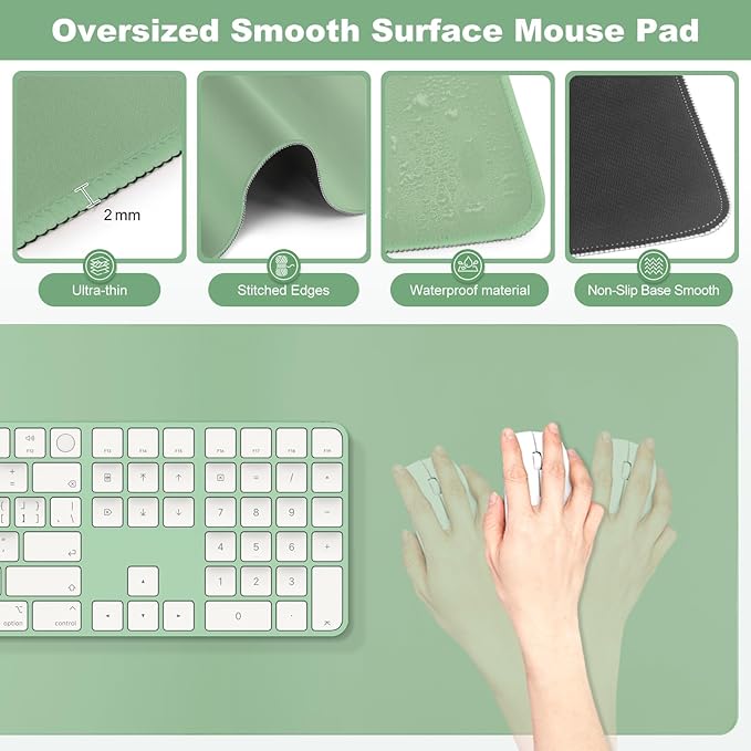 4-in-1 Large Gaming Mouse Pad, Keyboard Wrist Rest Pad & Wrist Support Mousepad Set, Extended Desk Pad Waterproof Desk Mat Protector for Home Office Decor Study Game 35.4×15.7 Inches I Sage Green