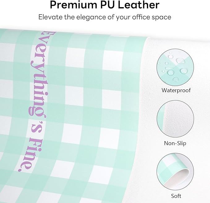 Checkered Pattern Desk Pad Protector, 35.5 x 13'' Aesthetic Mouse Mat for Desktop, Waterproof PU Leathe Non-Slip Desk Writing Pad for Office and Home, Blue-Green Pink