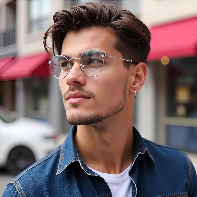 HJSTES Round Blue Light Glasses for Women Men Retro Circle Clear Lens Metal Frame Eyeglasses