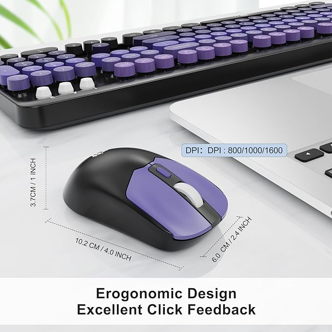 Wireless Keyboard and Mouse Combo, 2.4 GHz Wireless Full-Sized Typewriter Keyboard with Round Keycaps for Windows, Computer, Desktop, PC, Laptop (BlackPurple)