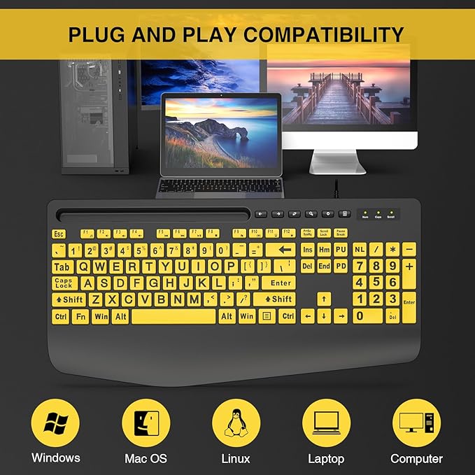 SABLUTE Large Print Computer Keyboards, Wired USB High Contrast with Wrist Rest, Phone Holder Oversized Print Letters Easy to Read for Visually Impaired Vision Individuals (Yellow+Black)