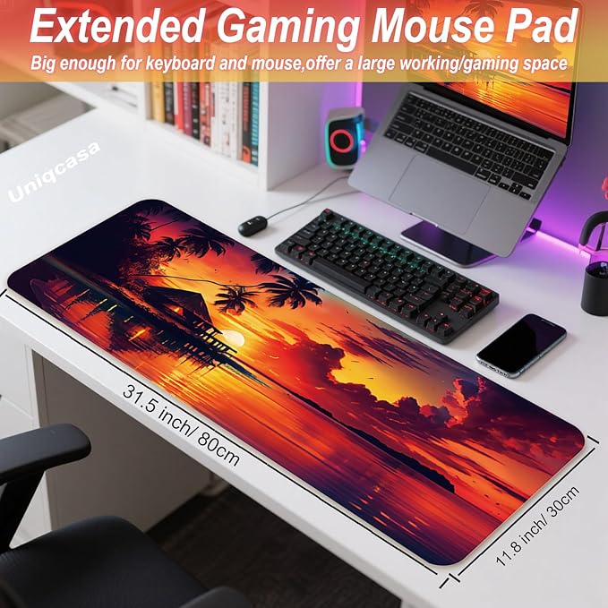 Gaming Mouse Pad 31.5x11.8 inch XL Large Extended Mouse Pad, Big Mousepad Desk Mat for Computer with Non-Slip Rubber Base and Stitched Edge-Sea Sunset