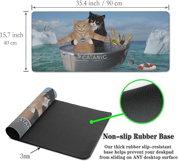 XXL Mouse Pad - Funny Cats Desktop Computer Mat, Large Desk Pads, Non-Slip Rubber Base Waterproof with Stitched Edges, 35.4" X 15.7" for Work/Game/Office/Home