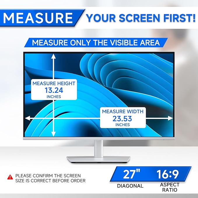 [2-Pack] Privacy Screen For Computer Monitor, 27-Inch 16:9 Aspect Ratio; Anti Spy/Bule Light/Glare And Eye Protection, 2 Install Ways Removable For Office, Airport, Cafe And Other Public Area; Diagonal 27 Inches, Width 23.53 Inches, Height 13.24 Inches
