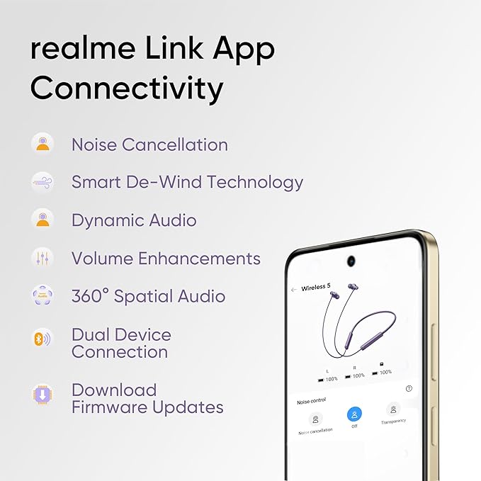 realme Buds Wireless 5 ANC in Ear Bluetooth Headphones, 50dB ANC, 13.6mm Dynamic Bass Driver, 360° Spatial Audio, 45ms Low Latency, Upto 38hrs Playback, IP55 Rating, Dual Device Connection - (Purple)