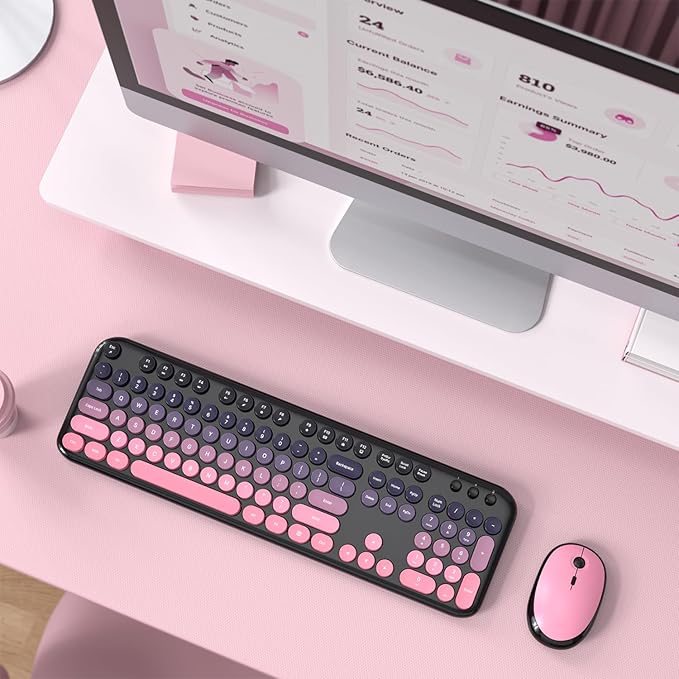Wireless Keyboard Mouse Combo, Typewriter Full Size Keyboard with Number Pad and 2 in 1 USB Connected Mouse for PC Computer Laptop Desktop Windows 7 8 10 11 (Berry Pink)