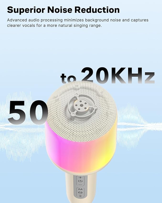 Wireless Bluetooth Karaoke Microphone with Dynamic Lights, Portable Handheld Mic, 6 Sound Effects, 10H Battery, Perfect for Kids Singing, Home Parties, Duet - Gift Idea, Works with All Smartphones