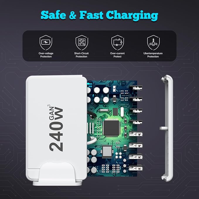 USB C Charger, 240W GaN 8 Port USB Fast Block, PD100W Multi-Port Charging Station, Power Adapter Plug for Samsung/iPhone/Google, Laptop Charger for MacBook Pro/Air
