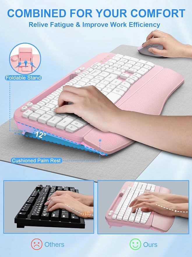 Wireless Keyboard and Mouse Combo, Wave Keys Computer Ergonomic Keyboard with Cushioned Plam Rest, Phone Holder, 2.4GHz Silent 6 Button Wireless Mouse Set for Laptop, PC, Windows, Mac (Pink)