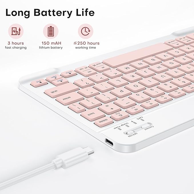 Emetok Wireless Keyboard for Tablet/iPad/iOS/Android/Windows, Mini Bluetooth Keyboard, Portable Size Ultra-Slim Design, Rechargeable Speedier Response/Comfortable Typing, Pink