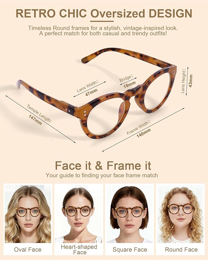 1 Pack Round Blue Light Glasses for Women, TR90 Computer Glasses with Spring Hinge for All-Day Comfort, Anti UV Glare & Eyestrain