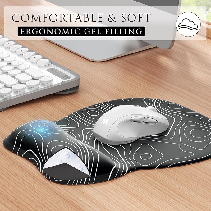 MROCO Ergonomic Mouse Pad with Gel Wrist Rest, Smooth Wrist Support Surface, Non-Slip PU Base for Pain Relief, Comfortable Mousepad for Computer, Laptop, Office & Home, 9.4 x 8.1 in, Black Topographic
