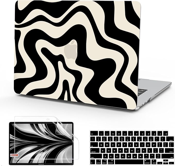 B BELK Compatible with MacBook Air 13 inch Case M5 2026 2025 2024-2022 M4 M3 M2 A3449 A3240 A3113 A2681, Plastic Hard Shell for MacBook Air 13.6 inch Case+Keyboard Cover+Screen Protector, Black Wave