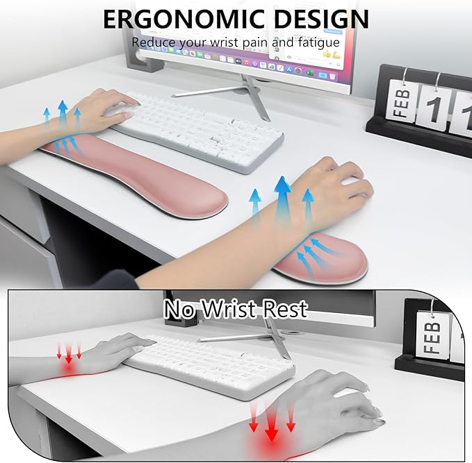 Wrist Rest for Computer Keyboard and Mouse, Ergonomic Design Wrist Support Pad for Keyboard, Soft Memory Foam Desk Pads Support Hand and Arm Easy Typing Pain Relief, 2 Piece Pad, Pink