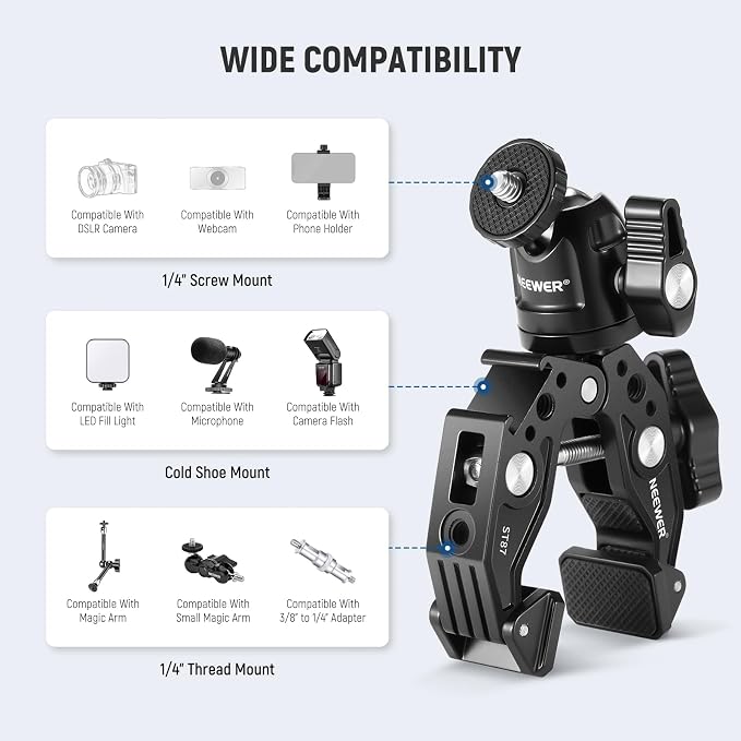 Neewer Super Clamp with Ballhead, Cold Shoe, Phone Holder and Action Camera Mount Adapter for Flat/Round Surface Compatible with GoPro DJI iPhone 15 Pro Max, ST87 - Image 5