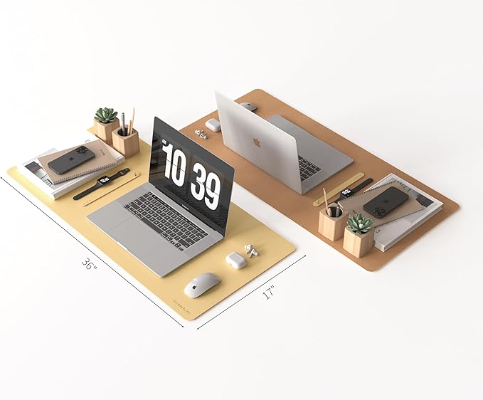 RENMTURE Dual-Sided Large Desk Pad, Faux Leather Natural Cork Mouse pad, Desk Accessories Protector, for Office and Home Work (Light Yellow, 36"x17")