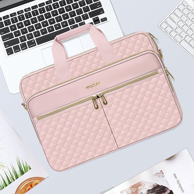 MOSISO 15-16 inch Laptop Bag, Laptop Briefcase Messenger Compatible with MacBook Pro 16/Air 15, HP, Dell, Lenovo, Square Quilted Computer Bag Work Office Business with 3 Pockets&Strap, Pink